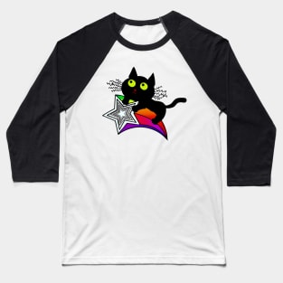 Lucky Black Cat riding a Shooting Star Baseball T-Shirt